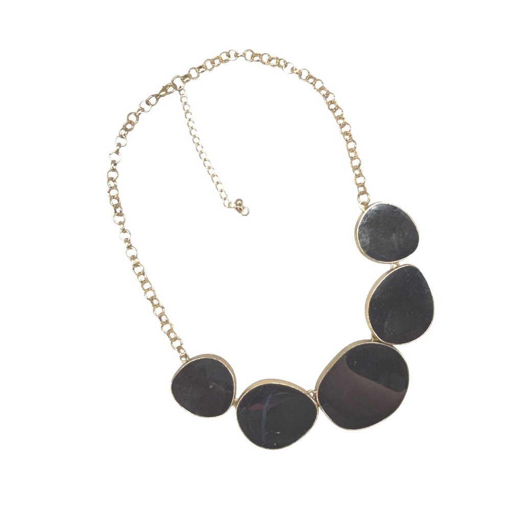 Vintage Gold Tone Black Stone Statement Necklace Chunky Pendant 18 in